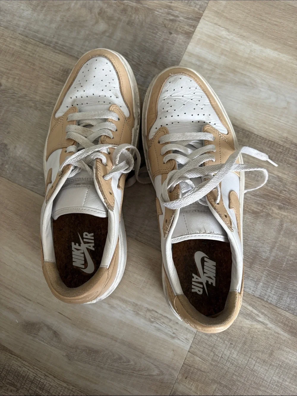 Nike White and Tan Low-Top Leather Sneakers